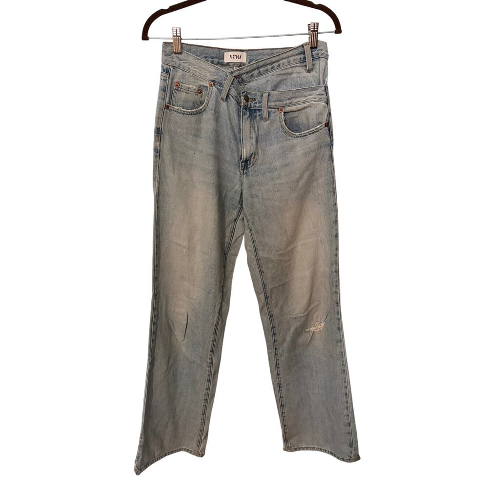 Pistola Nell Relaxed Straight Jeans 24 Light Wash Distressed Raw Hem Designer - Picture 2 of 10